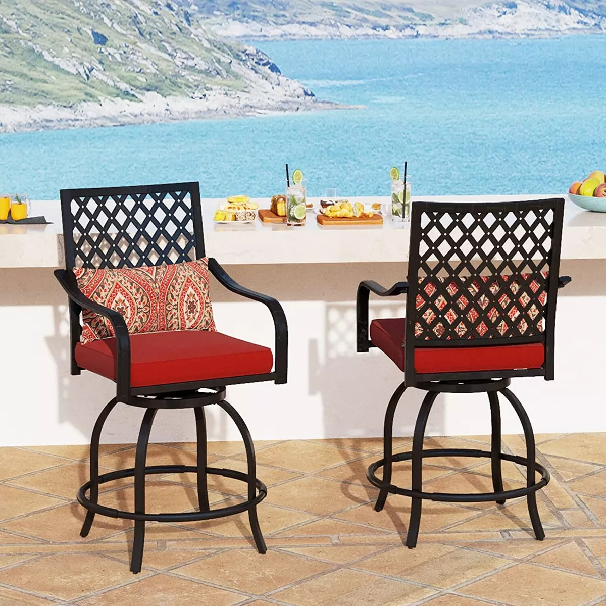 Outdoor Patio Swivel Chairs Set of 2 Bar Height Stools Bistro Set