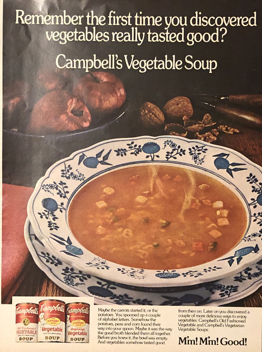 1974 Campbells Vegetable Soup PRINT AD Steaming Bowl Veggies Taste