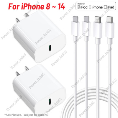 Bulk Lot For iPhone 14 13 11 20W Power Adapter USB Type-C Fast Charger PD Cable