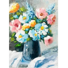 Wildflower Painting White Blue Flower Impasto Original Cute Desk Decor 7 x 5"