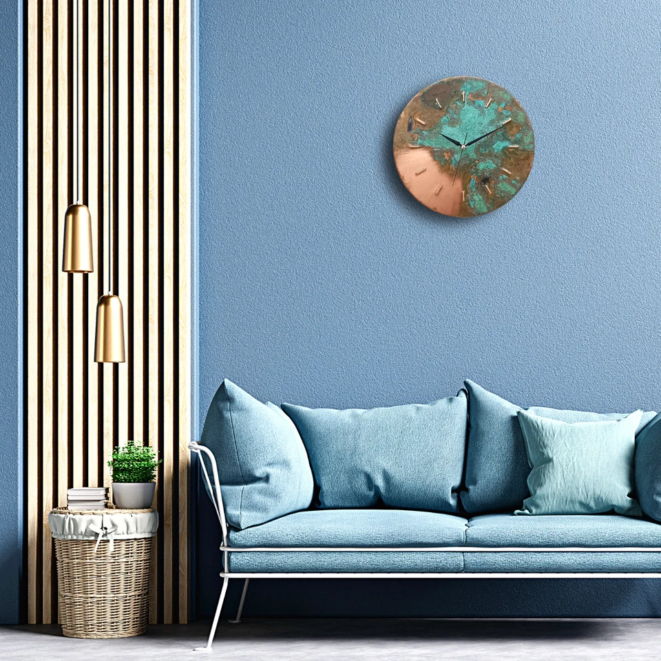 Art Deco Mid Century Modern Farmhouse Patina Metal Copper Wall Clock Wall Decor - Image 4 of 4