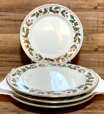 SET OF 4 - THE CELLAR - IVORY HOLLY - 10 1/2'' GOLD TRIM HOLIDAY DINNER PLATES