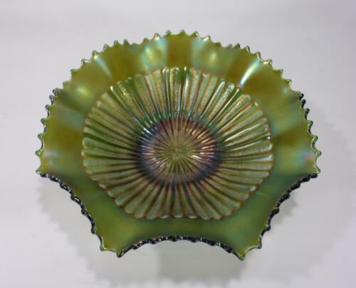 ANTIQUE NORTHWOOD GREEN CARNIVAL GLASS STIPPLED RAYS BOWL IRIDESCENT - Picture 1 of 10