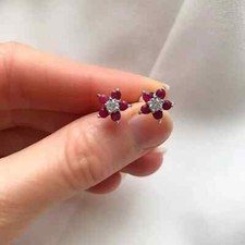 Flower Stud Earring 14k White Gold Plated 2Ct Round Cut Lab-Created Ruby