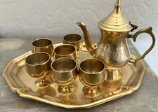 Vintage Brass Miniature Tea Set- 6 Cups, Platter & Pitcher