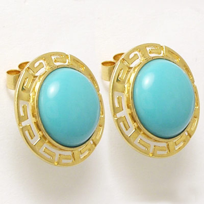 14k Yellow Gold Greek key design Turquoise Earrings 12mm