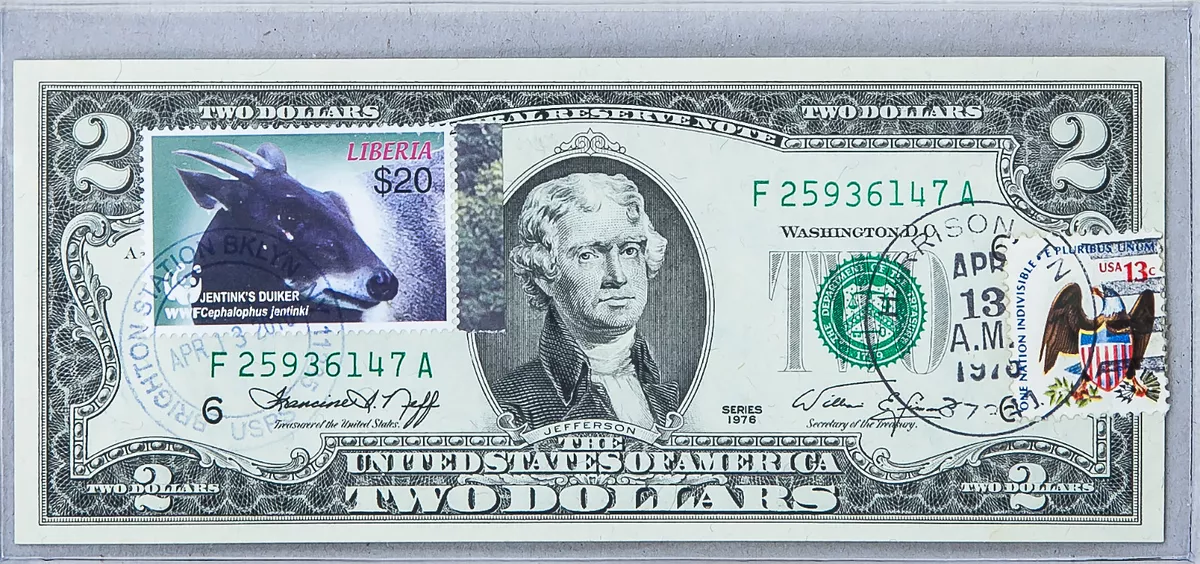 US Currency Notes Paper Money US 1976 2 Dollar Bill First Day Issue Stamp Duiker