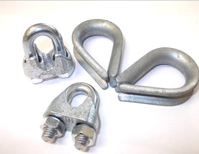 2 x 16mm 5//8 inch Wire Rope Grips Clamps and Thimbles Strong Steel Cable Cord Tie U Bolts Rope Chain Wire Complete