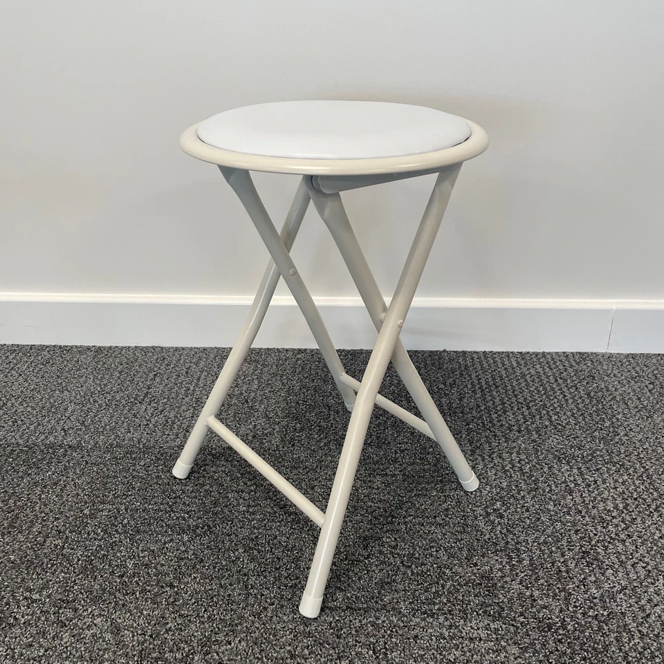 WHITE BLACK FOLDING STOOL ROUND FOLDABLE METAL STOOLS SPACE SAVING PADDED SEAT - Image 3 of 4