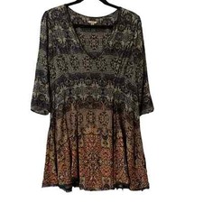 Urban Outfitters Ecote Boho Patterned Dress Flowy 3/4 Length Sleeve V-Neck Sz S