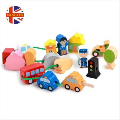 Holz City Figuren und Autos Schnürung & Perlen auffädeln Spielzeug 3+ Jahre Kinder Geschenk