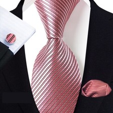 Classic Solid Striped Pink Jacquard Weave Men's Tie Necktie Hanky Cufflink Set