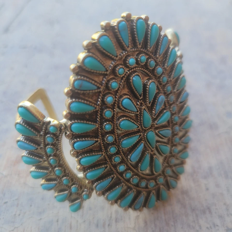 Pulsera Joyería Brazalete Metal Marca Suerte Turquesa Tono Dorado Pequeña Muñeca 6-6.5" Foto 2 de 4