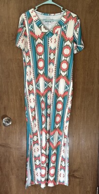 Crazy Train Aztec Print Short Sleeve Maxi Shift Dress size Small