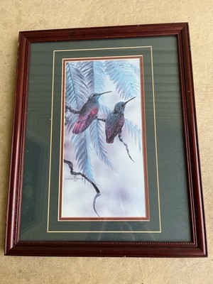 Gamini Ratnavira Art Print Painting Leaf Birds Pair Hummingbirds Perched Framed