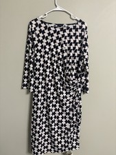 Talbots Dress Size XL 16-18 Black White Jersey Stretch Faux Wrap Geometric New