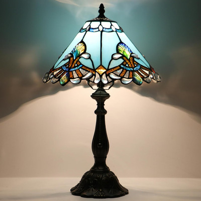 Vintage Tiffany Style Sapphire Baroque Stained Glass Table Lamp Bedside Light