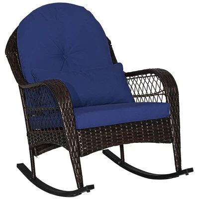 COSTWAY Outdoor Wicker Rocking Chair Patio Rattan Rocker w/ Cushions Navy