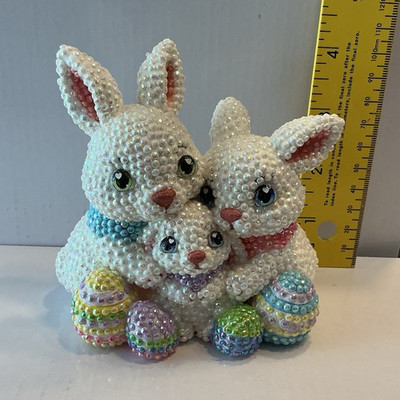 Bunny Rabbits Easter Figurine 3D Effect Painted Resin White/Multicolor 4in