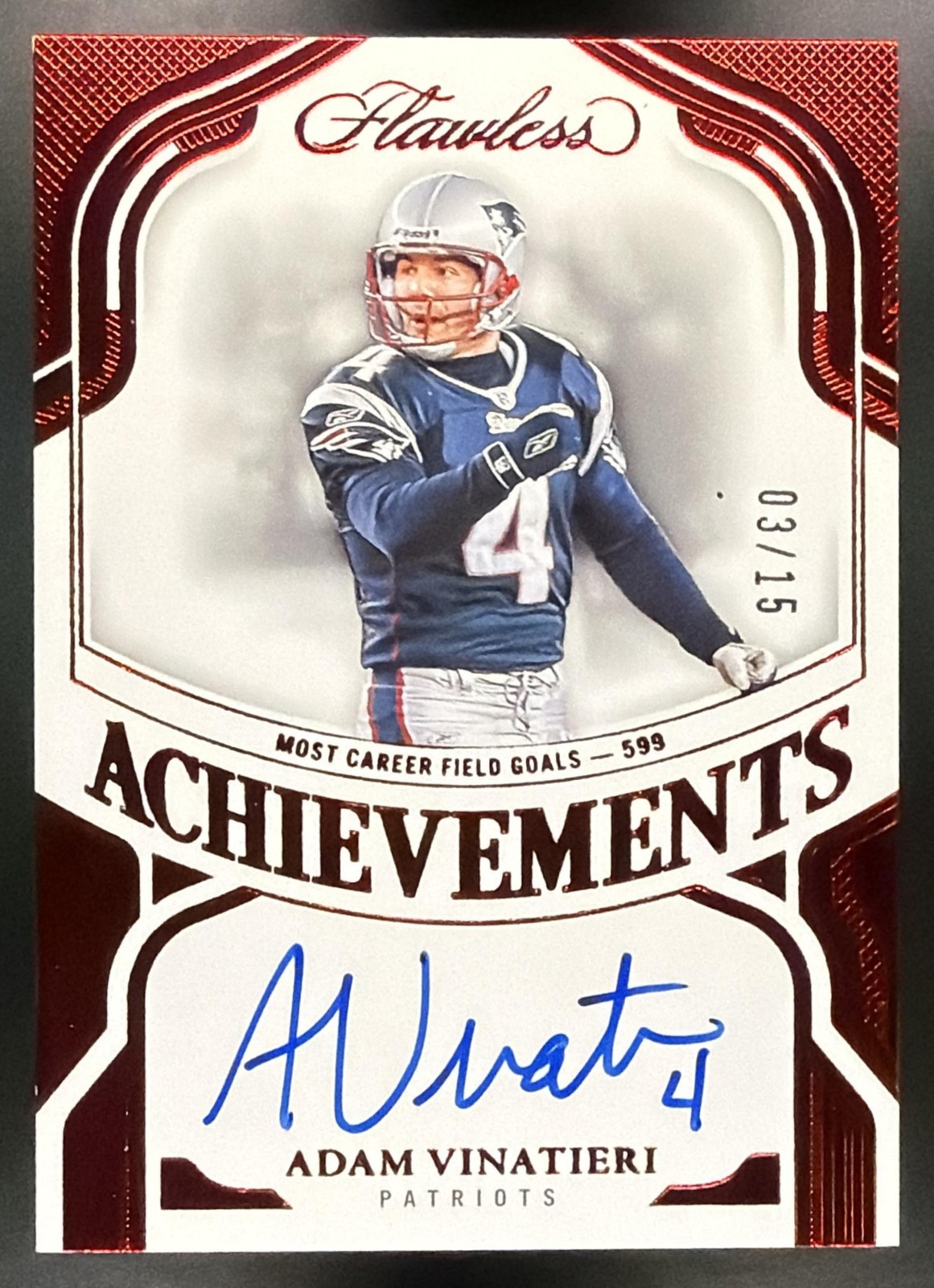2024 Panini Flawless Adam Vinatieri #FA-AVI Achievements Ruby 3/15 Auto Patriots