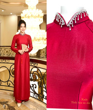 Red Ao dai  Vietnamese Traditional Long Dress Crystal Designed with Pants