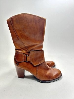 BORN Stacked Heel Mid Calf Boots sz 9 Leather Harness Brown Excellent