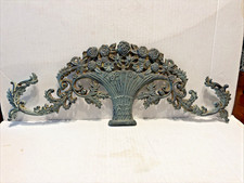 Cast Iron Pediment Door Window Topper Wall Art Flower Basket Verdigris 23x9