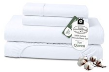100% Organic Cotton Sheet Set - Percale Weave - 4 Pieces Set - 1 Queen White