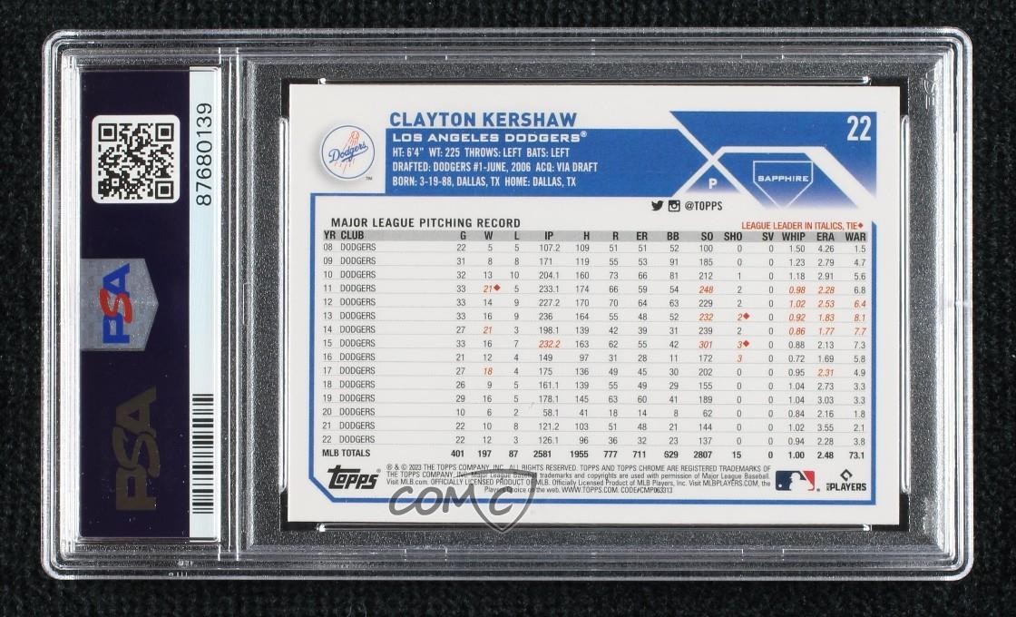 2023 Topps Chrome Sapphire Clayton Kershaw #22 PSA 10 GEM MT view 2