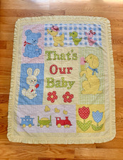 Vintage  That  s Our Baby  Gingham Yellow Ruffled Trim Baby Blanket