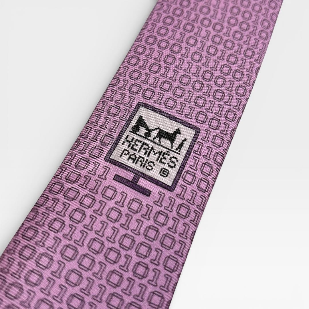 Hermès Silk Tie Binary Code Pattern Pink Spring U… - image 7