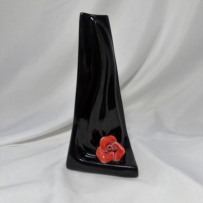 Vintage Black Ceramic Vase With Rose Art Deco