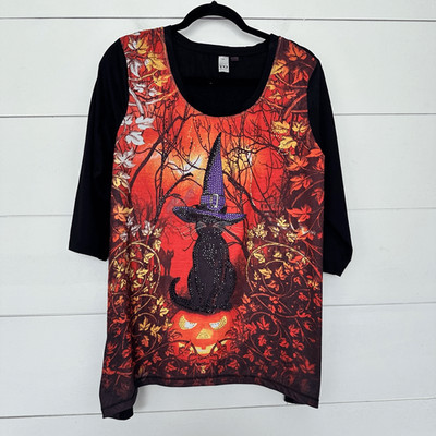 Thomas & Olivia Women s Petite Extra Large Black Cat Halloween Blouse