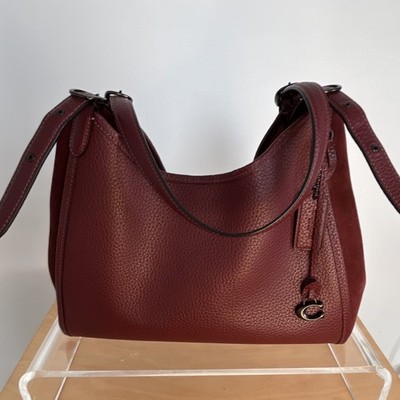 Coach Burgundy Pebbled Leather Suede Shoulder Bag Zip Black Hardware Logo Charm