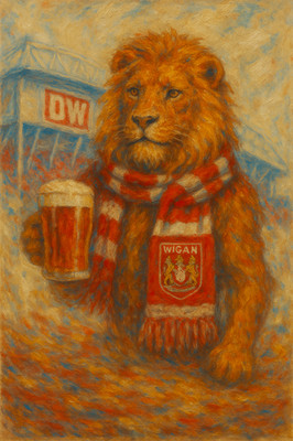 Wigan Warriors Lion DW Stadium Ale Pint Red White Scarf Impressionist Brushstrok