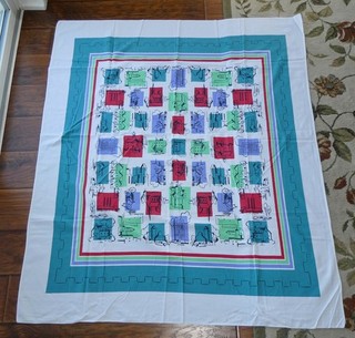 Vintage 1950s Cotton Tablecloth Mid Century Modern Abstract Cityscape 53 x 45