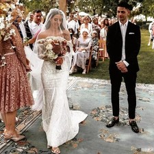 Boho Mermaid Wedding Dress Strapless Sulfur Sleeves Lace Applique Elegant Bridal