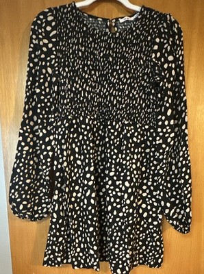 Mi Ami Black/Tan Polka Dot Rayon Round Neck Puff Sleeve Smocked Dress Short L