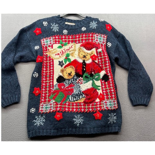 VTG Heirloom Collectibles Womens M Christmas Sweater Teddy Bears Merry Christmas