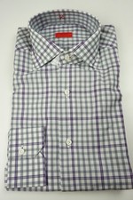 Isaia Napoli Gray Purple White Plaid Long Sleeve Cotton Dress Shirt 15.5/39 NEW