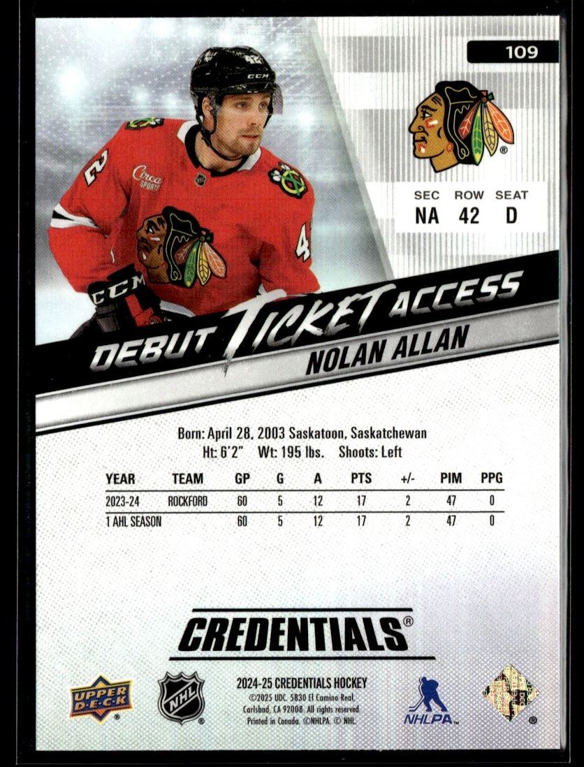 2024-25 Upper Deck Credentials Debut Ticket Access Nolan Allan