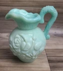 Avon Turquoise Milk Glass Rose Pitcher Vase – Embossed Floral – Vintage