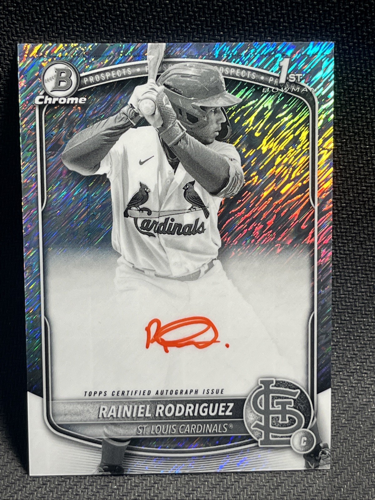 2025 BOWMAN CHROME RAINIEL RODRIGUEZ 1ST BLACK WHITE SHIMMER SSP AUTO CARDINALS