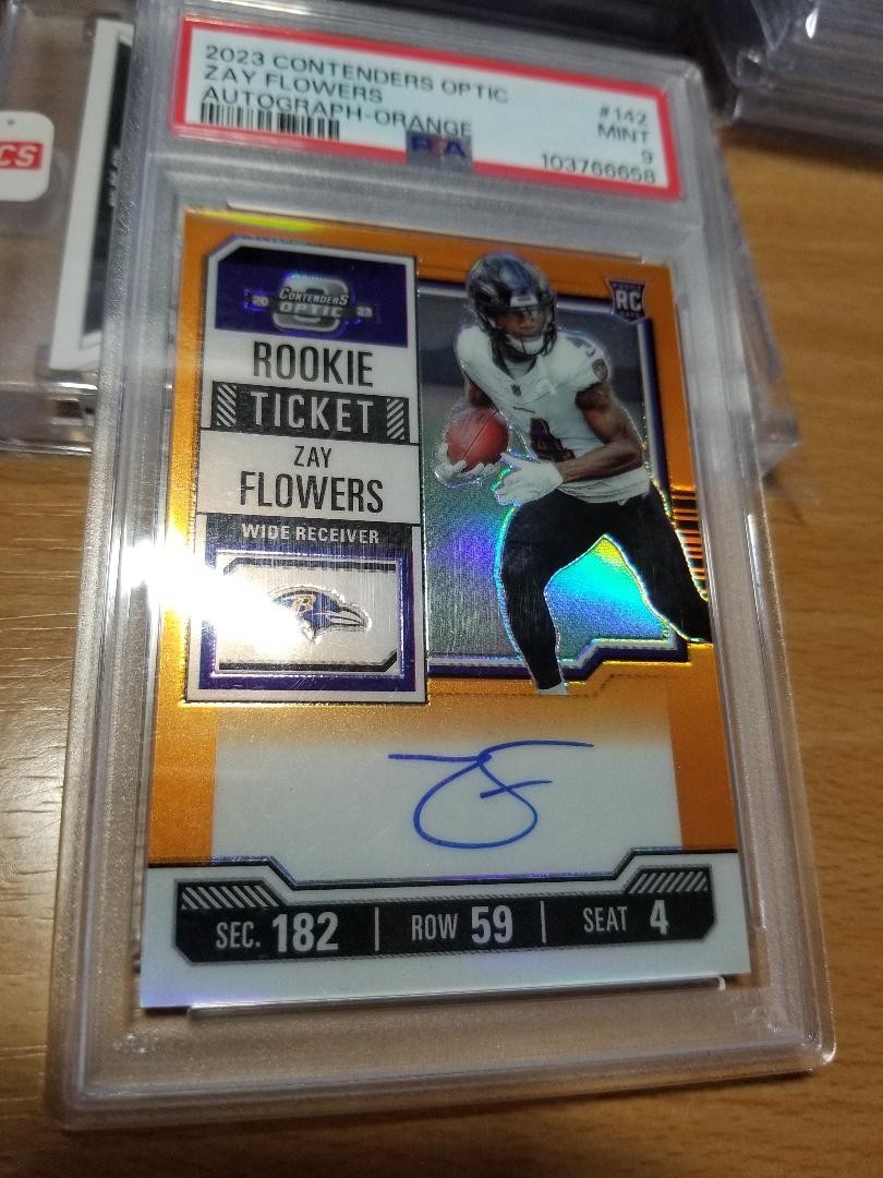 2023 Contenders Optic Zay Flowers Rookie Ticket Autograph Orange Auto #/50 PSA 9