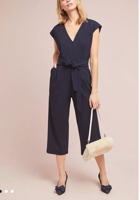 Ett:twa by Anthropologie Navy Blue V neck short sleeve waist tie jumpsuit siz S