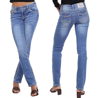 Damen Jeans Hose Hüftjeans Gerades Bein Bootcut Gerader Schnitt Dicke Naht 