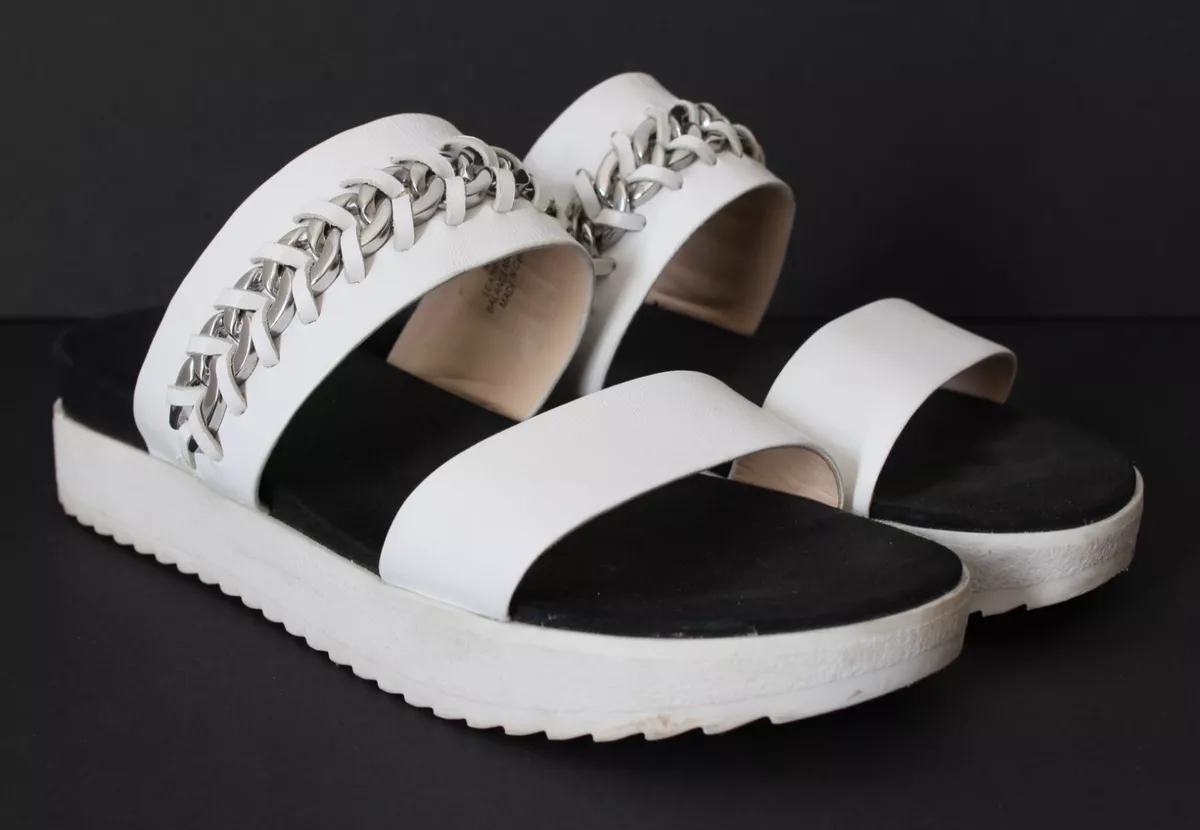 Karl Lagerfeld White Leather Chain Strap Sandals Slides Platform