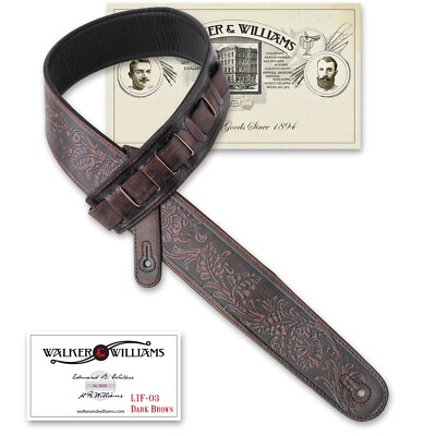 Walker & Williams LIF-03 Weathered Dark Brown Padded Leather Strap with Tooling