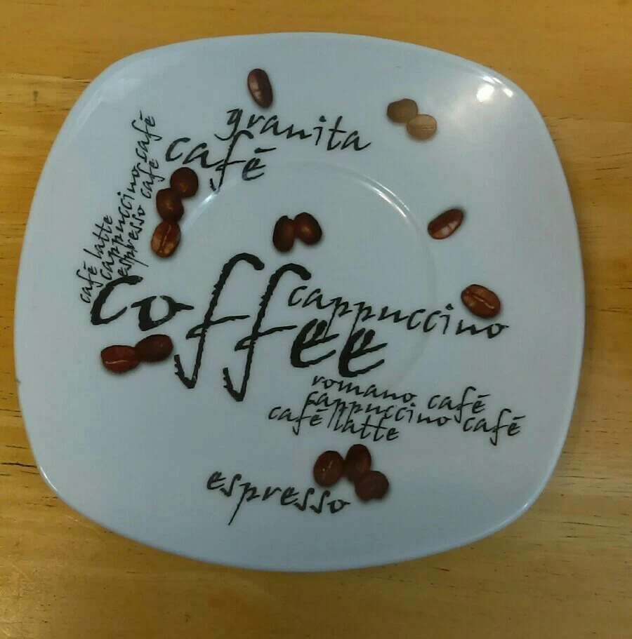 Juego de tazas de café espresso y platillos cuadrados de granos de café blanco marrón. 2a Foto 3 de 4