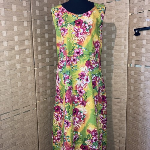 Mama Hawaiian Floral Yellow White Palms Red Hibiscus And Pink Tie Dress Med - Picture 3 of 14